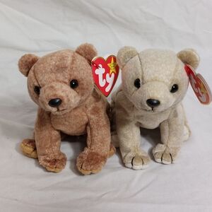Lot of 2 Vintage Ty Beanie Babies Realistic Bears Pair Brown Beige Almond Pecan